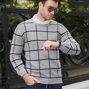 MAGNIVIT Gray Black Plaid Knit Cotton Sweater Men’s Size Large Crewneck Classic